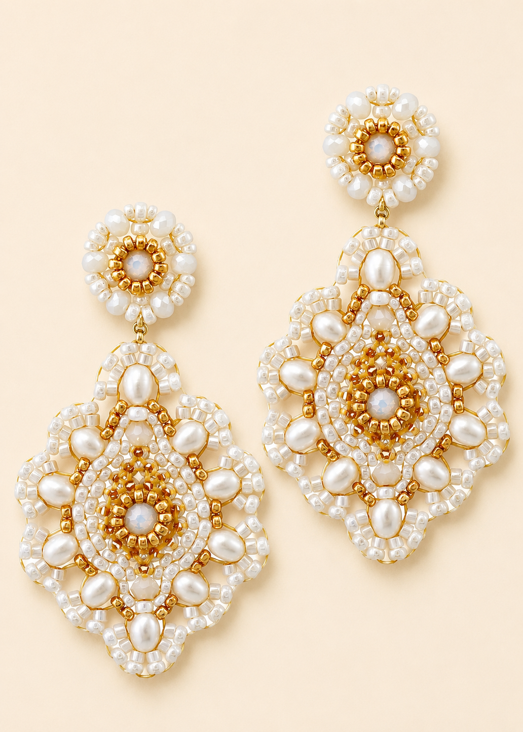 Large Beaded Teardrop Earrings in White and Gold
