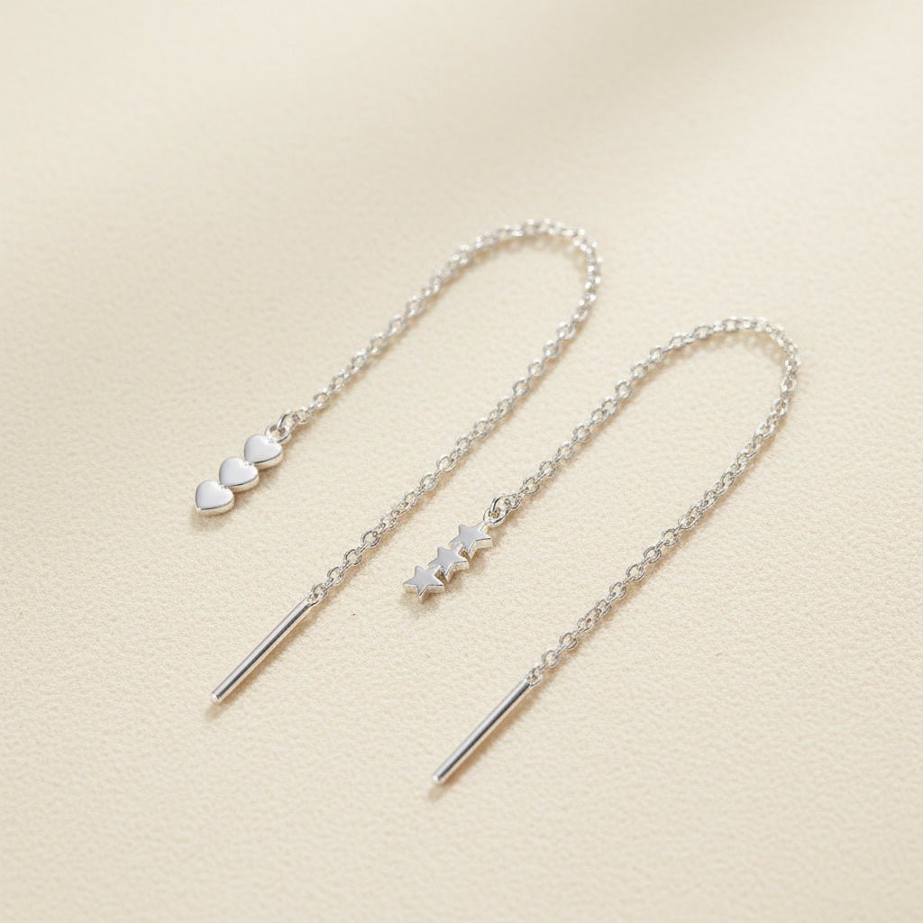 Triple Heart and Star Threader Earrings