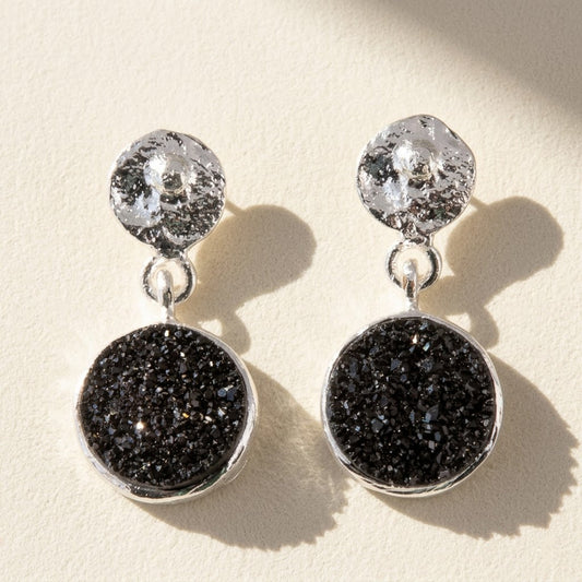 Round Druzy Hammered Circle Post Earrings