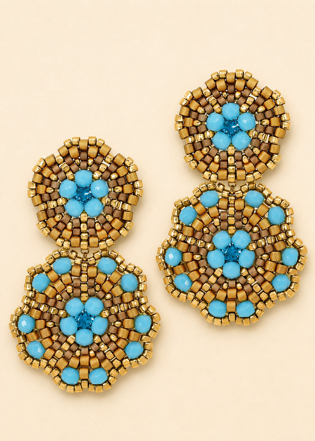 Turquoise and Gold Double Clover Beaded Earrings
