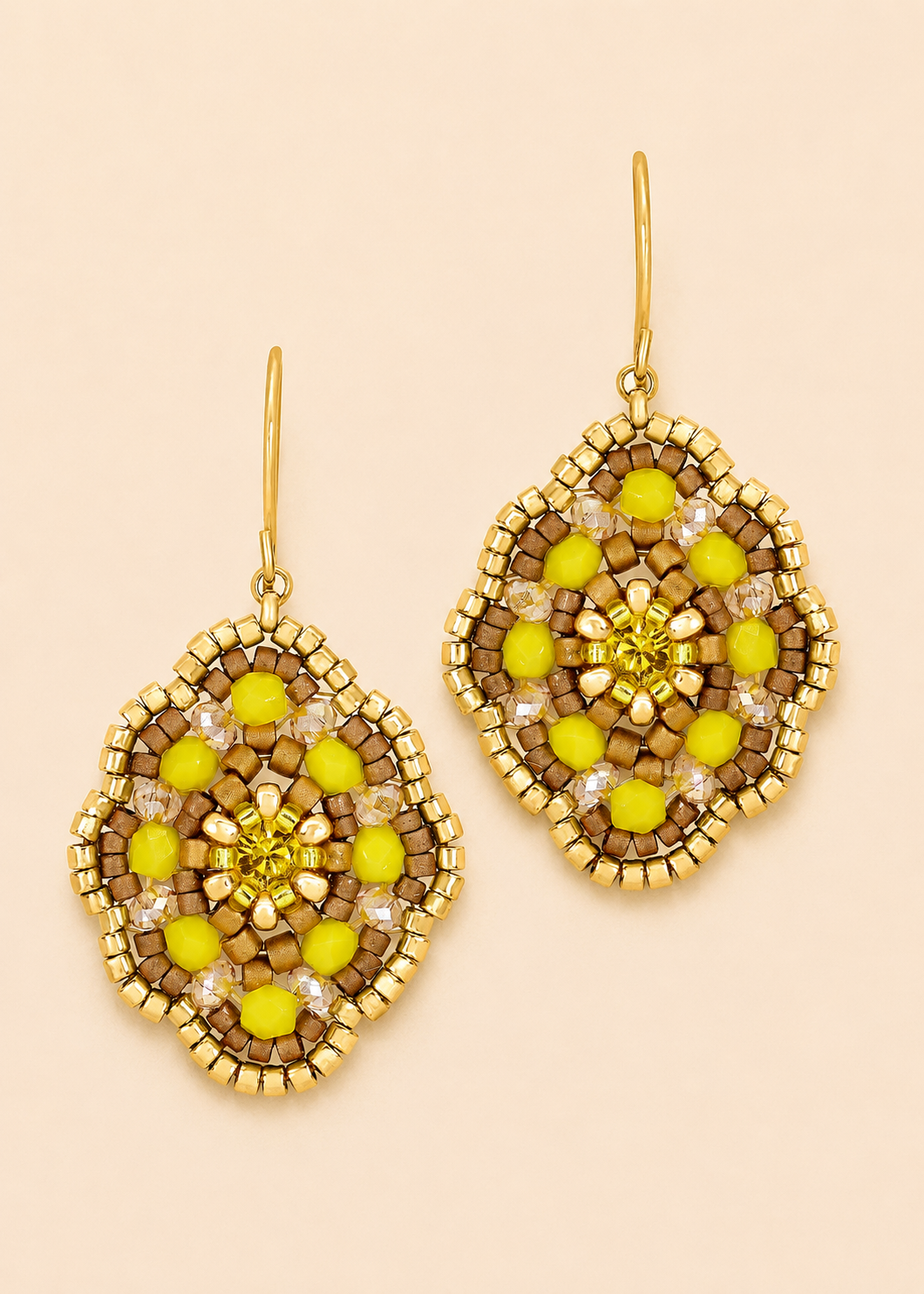 Diamond Shape Beaded Earrings in Gold and Bright Yellow