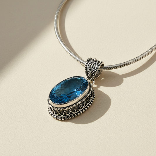 Blue Topaz Filigree Pendant Necklace