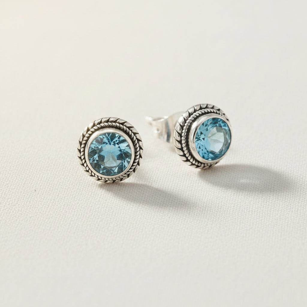 Blue Topaz Stud Earrings with Rope Detail