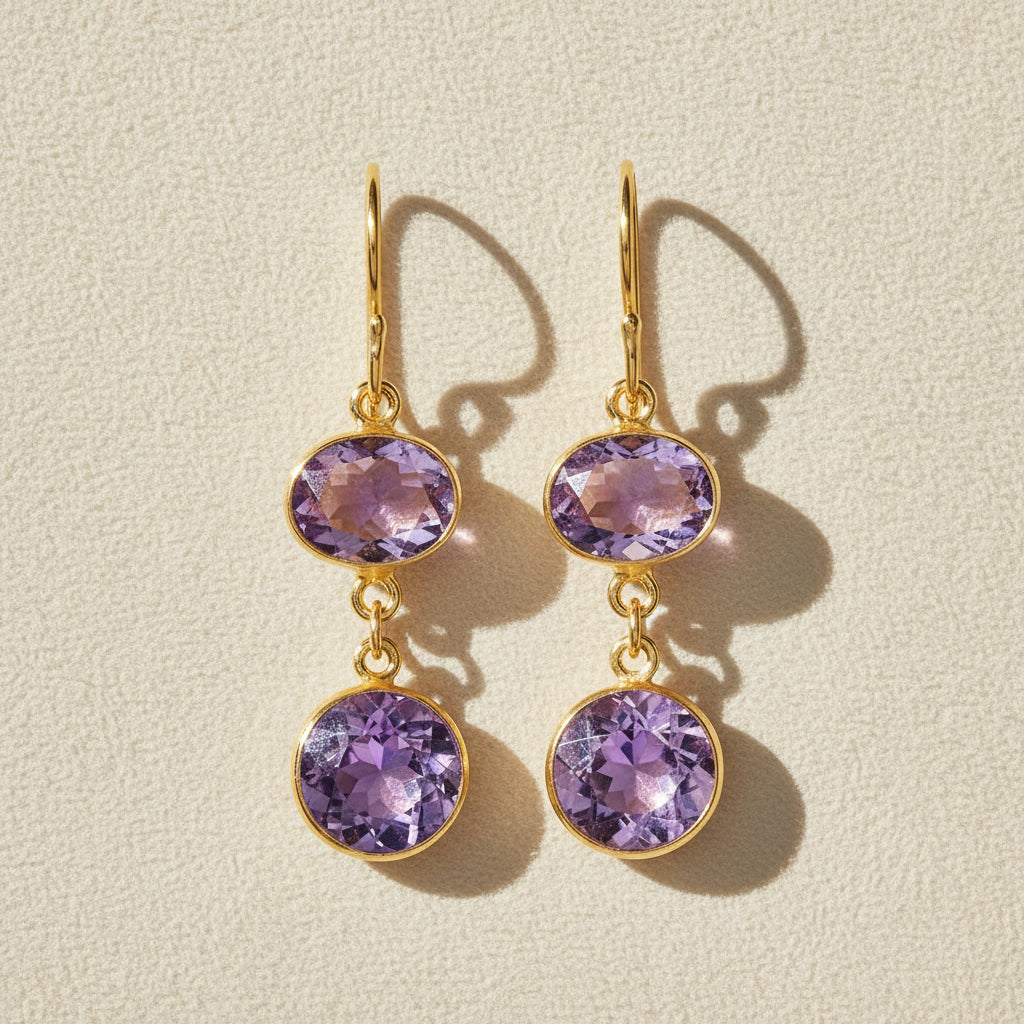 Pink Amethyst Bezel Double Drop Earrings