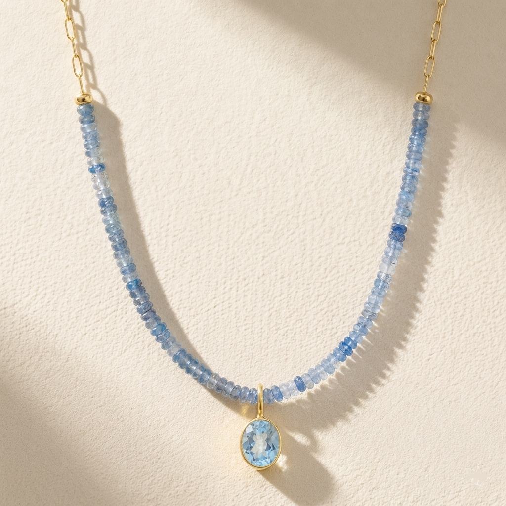Beaded Paperclip Necklace-Blue Topaz & Kyanite