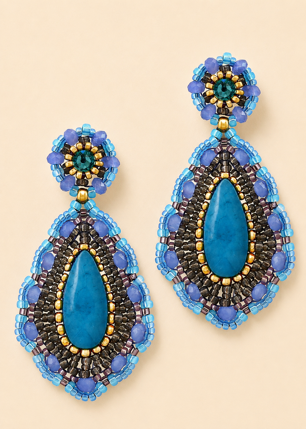 Large Blue Quartz Beaded Teardrop Earrings