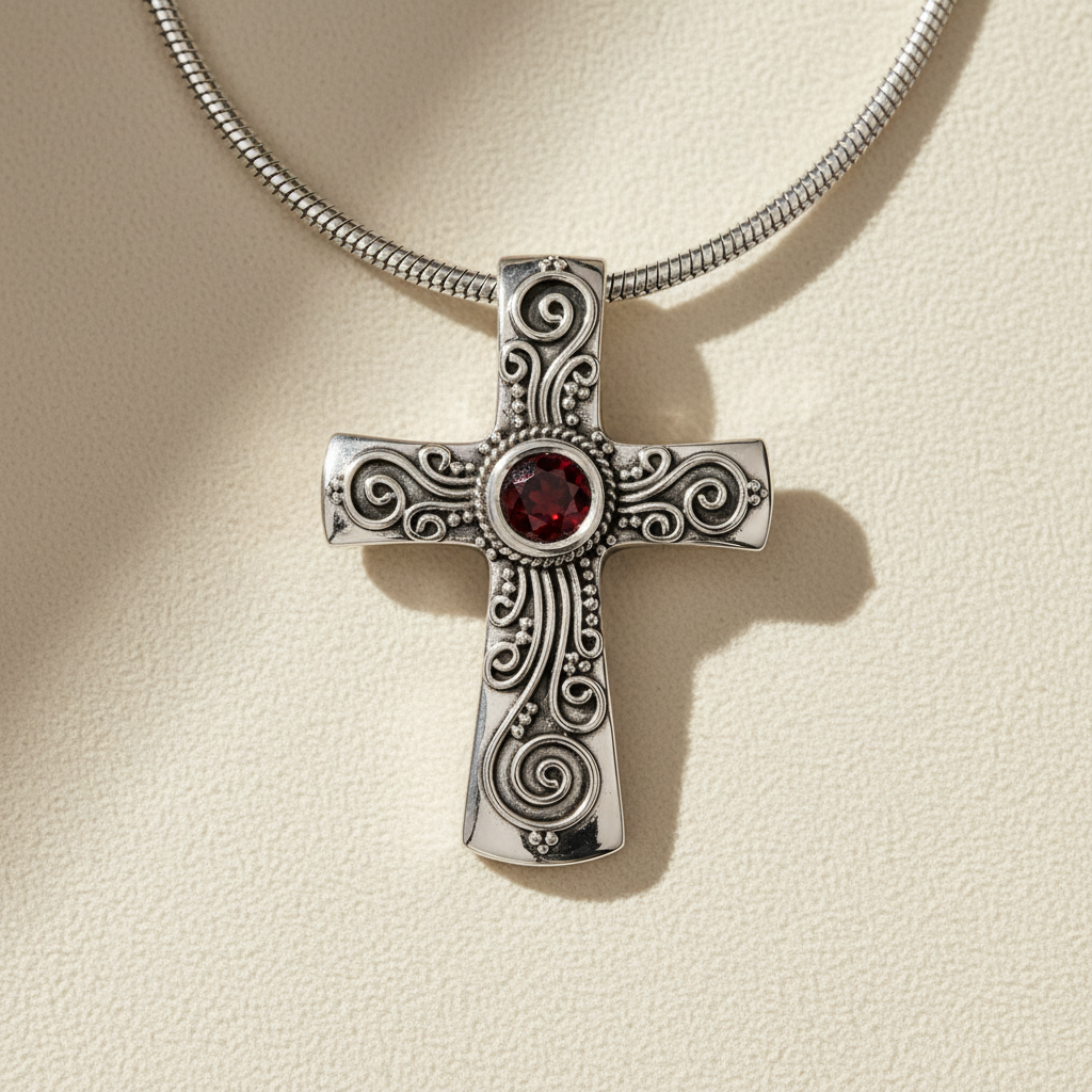 Filigree Gemstone Cross Pendant Necklace