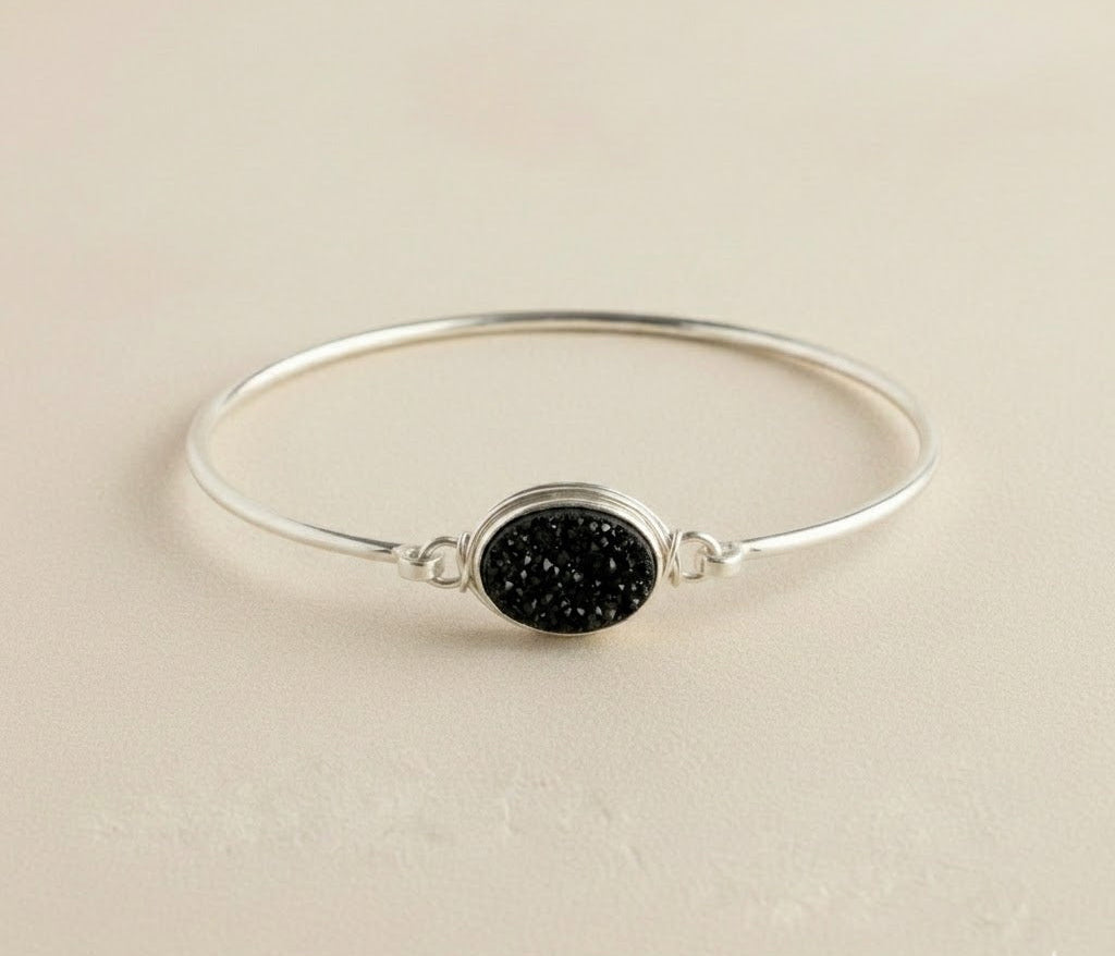 Black Druzy Sterling Bangle Bracelet