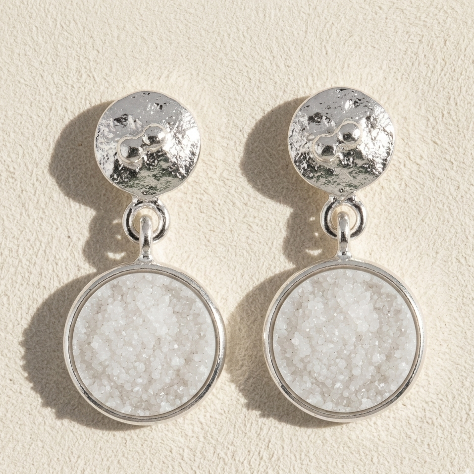 Round Druzy Hammered Circle Post Earrings