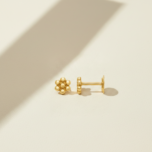 14K Yellow Gold Granulated Flower Stud Earring