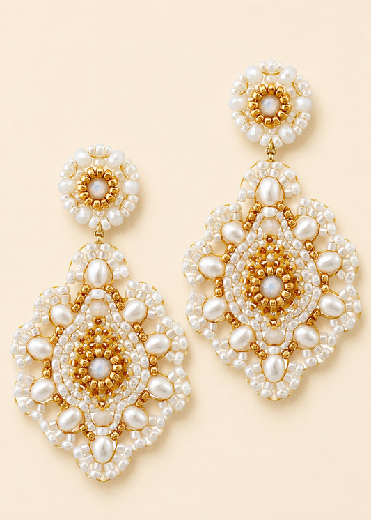 Large Beaded Teardrop Earrings in White and Gold