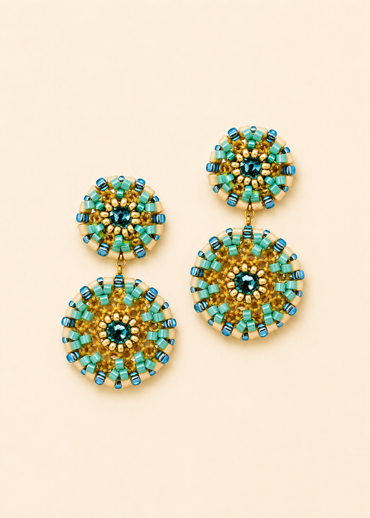 Double Circle Beaded Earrings in Ocean Blues