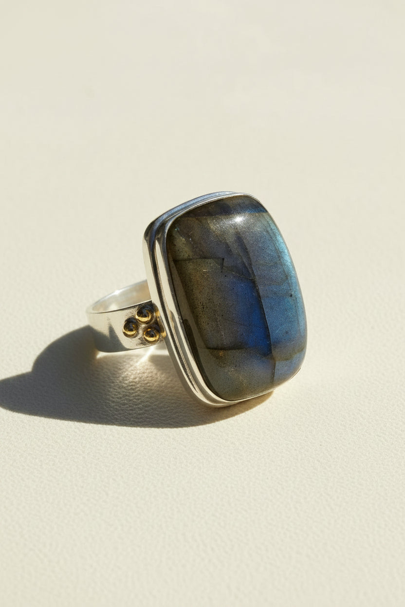 Oversized Labradorite Ring With Brass Accents
