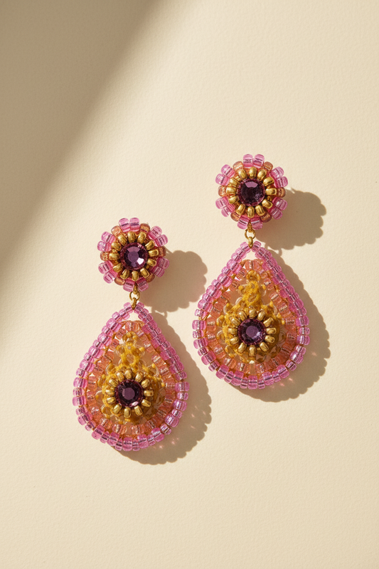 Teardrop Beaded Post Earrings in Bright Pink