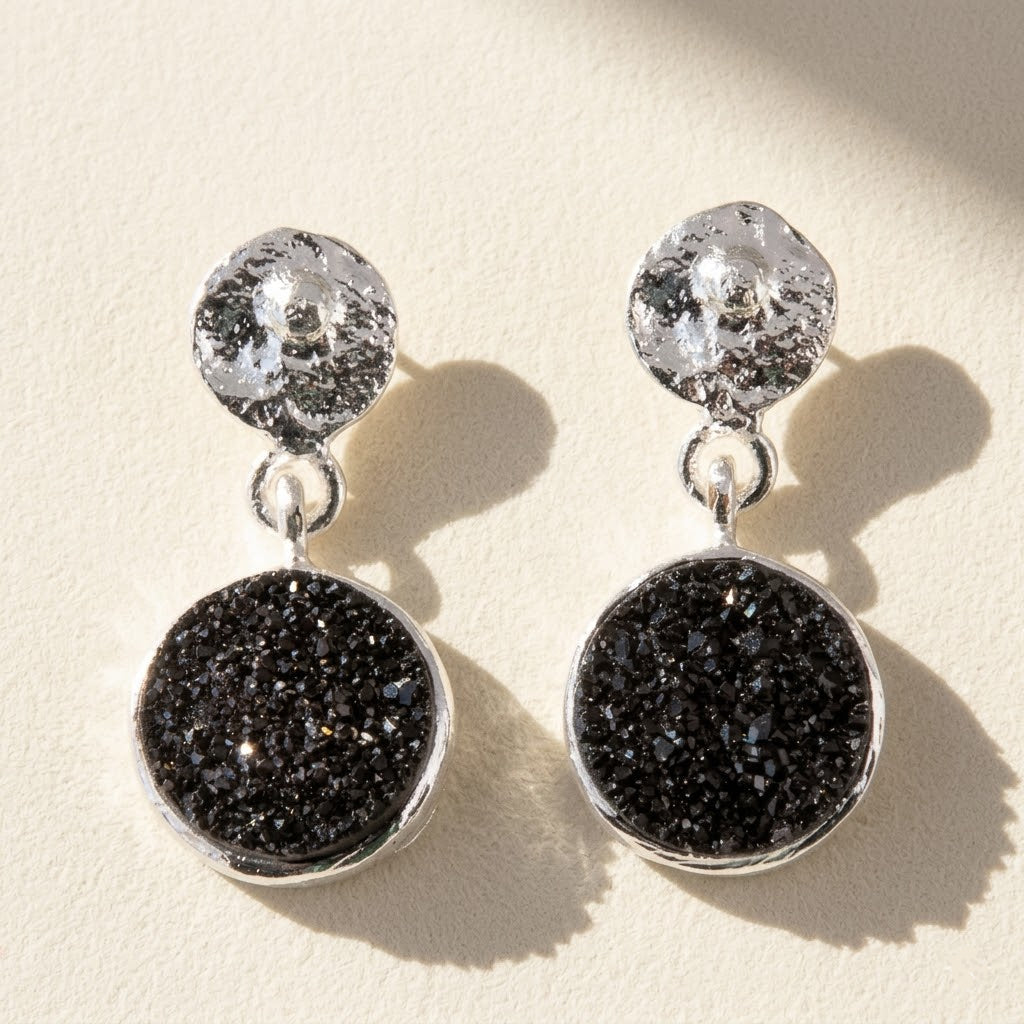 Round Druzy Hammered Circle Post Earrings