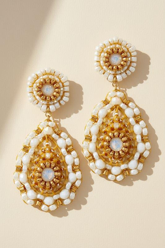 Small Beaded Teardrop Earring in White and Gold (Copy)