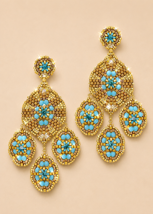 Beaded Chandelier Earring in Gold and Turquoise