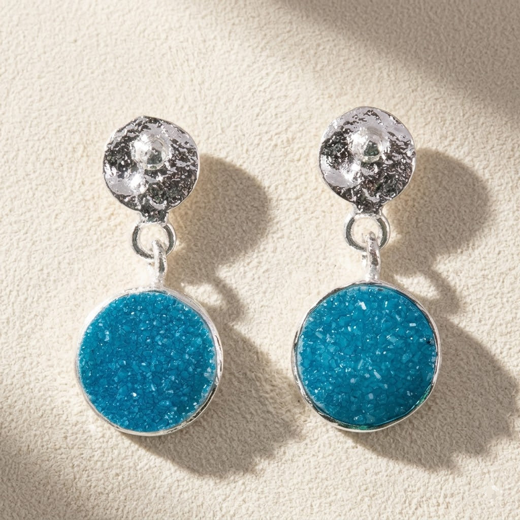 Round Druzy Hammered Circle Post Earrings
