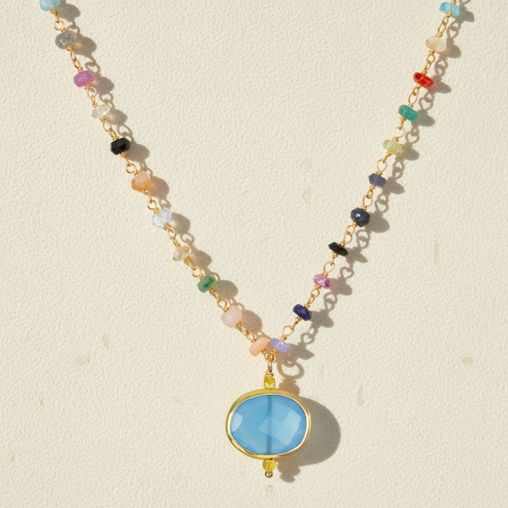 Rainbow & Blue Chalcedony Bezel Charm Necklace