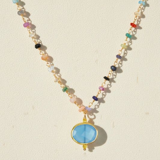 Rainbow & Blue Chalcedony Bezel Charm Necklace
