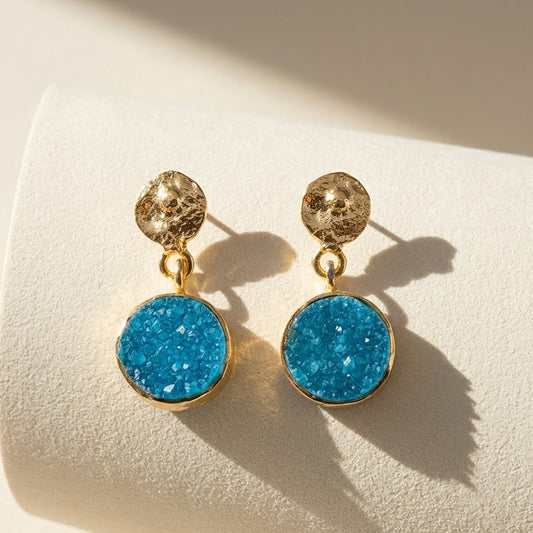 Round Druzy Hammered Circle Post Earrings