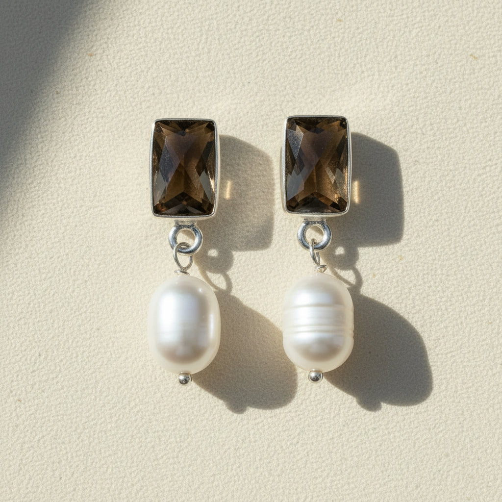 Smoky Quartz & Pearl Gemstone Stud Earrings