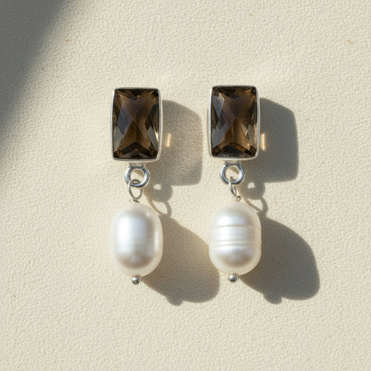 Smoky Quartz & Pearl Gemstone Stud Earrings