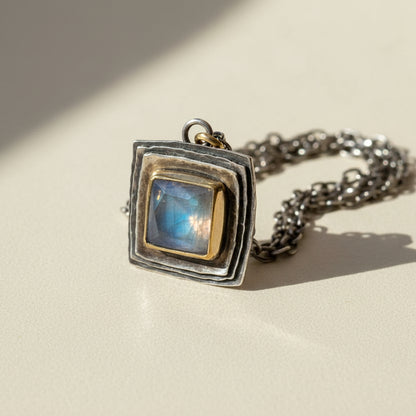 Square Cusp Necklace with Rainbow Moonstone
