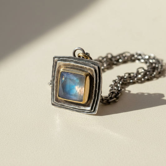 Square Cusp Necklace with Rainbow Moonstone