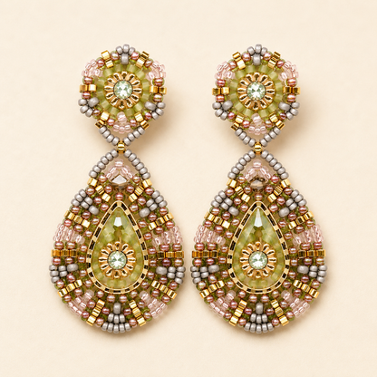 Greens and Peach Beaded Teardrop Post Earrings