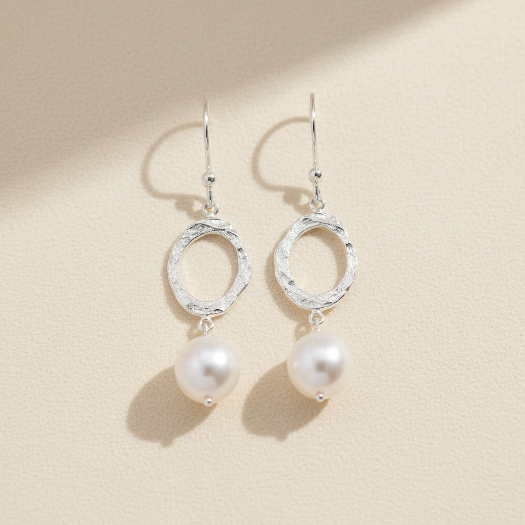 Hammered Oval Dangles with Pearl