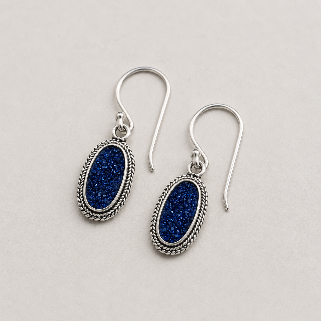 Oval Druzy Earrings with Rope Detail