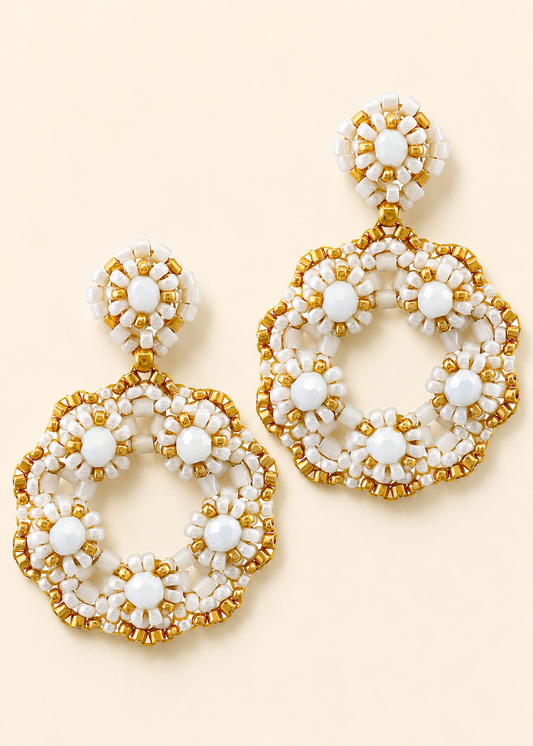 Open Circle Beaded Post Earrings White & Gold