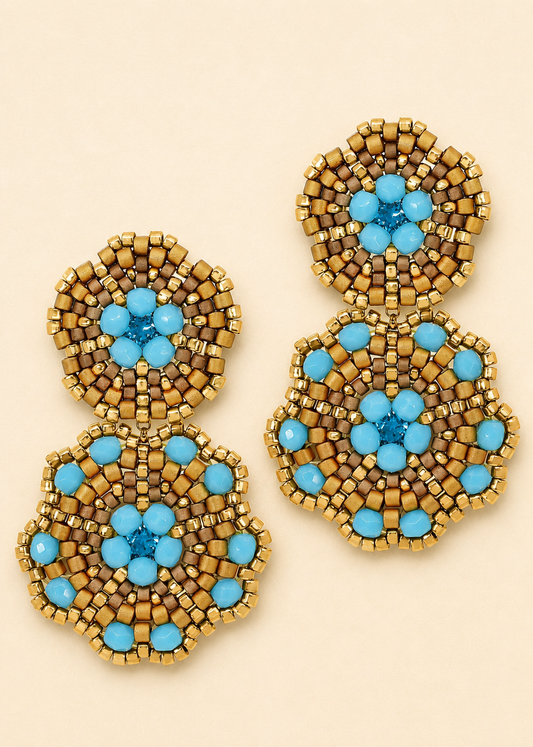 Turquoise and Gold Double Clover Beaded Earrings