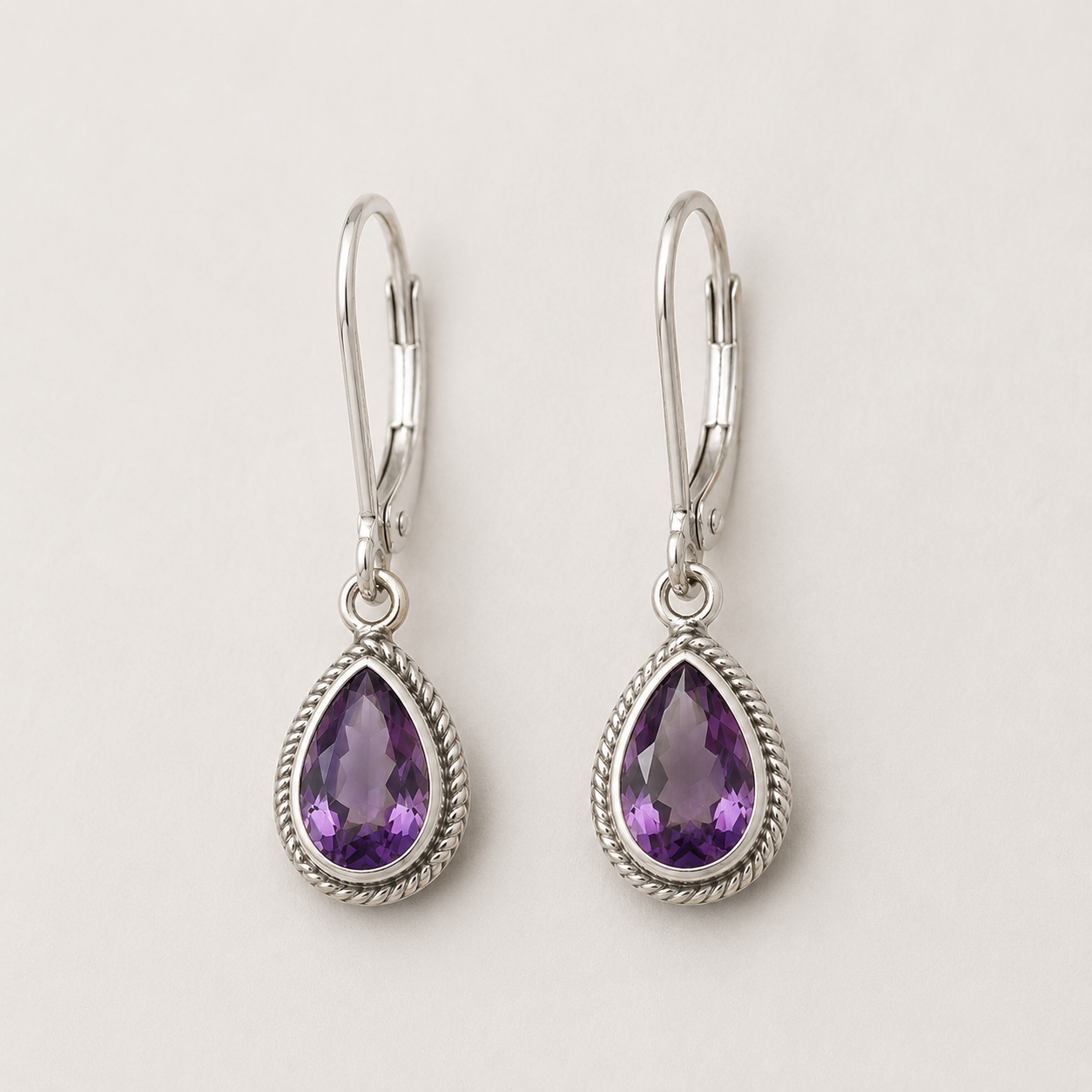 Amethyst Teardrop Earrings with Rope Detail