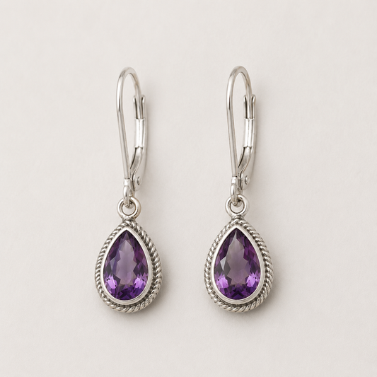 Amethyst Teardrop Earrings with Rope Detail