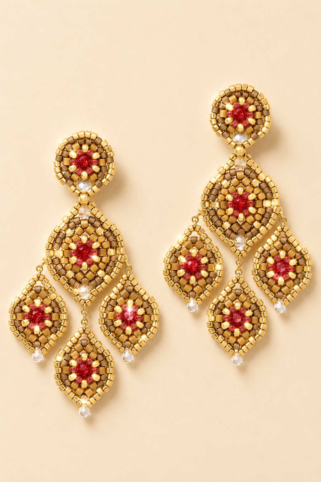Large Beaded Chandelier Earrings in Gold and Pink