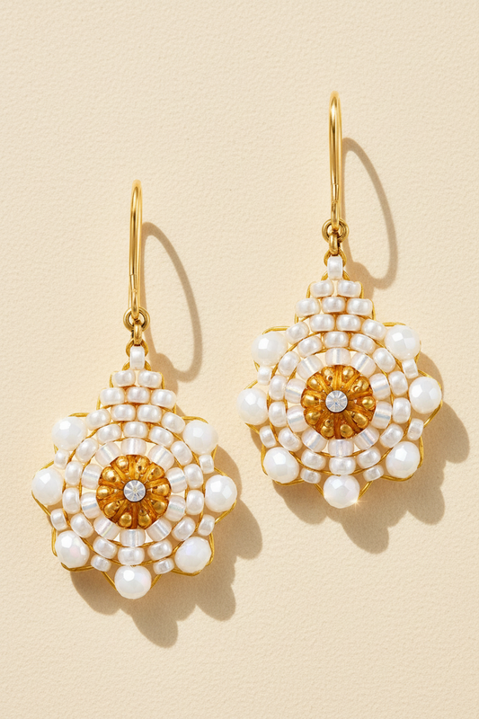 Mini Beaded Teardrop Earrings in White and Gold
