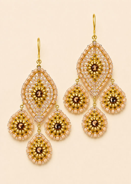Beaded Chandelier Earrings in Cream & Gold