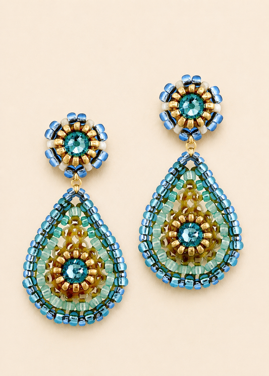 Small Beaded Teardrop Post Earring in Ocean Blues