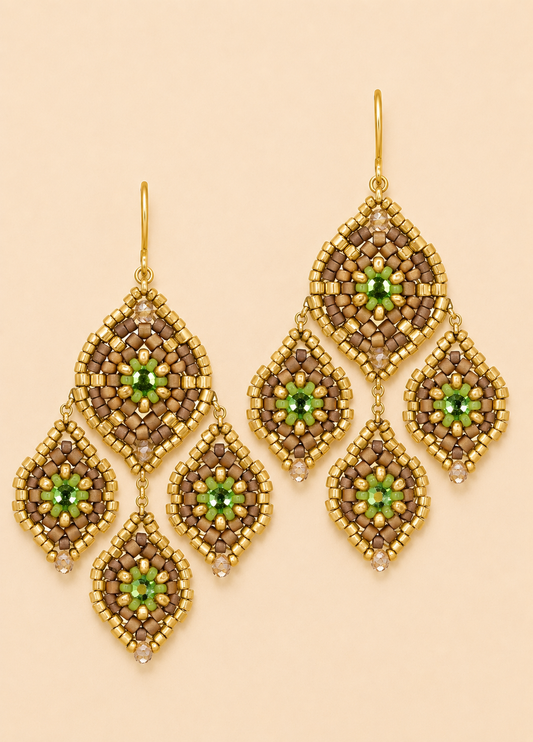 Chandelier Beaded Earring in Gold and Bright Green