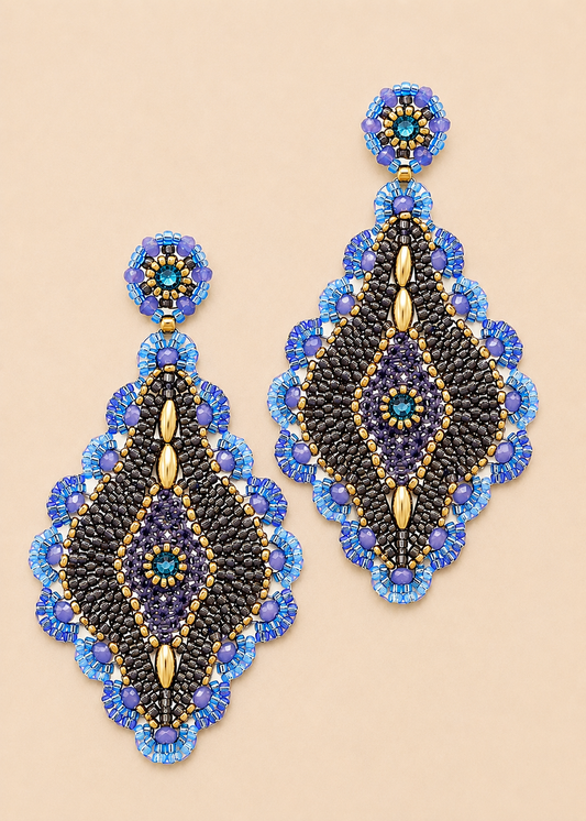 Peacock Blues Beaded Chandelier Earrings