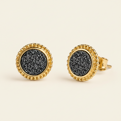 Black Druzy Round Stud Earrings
