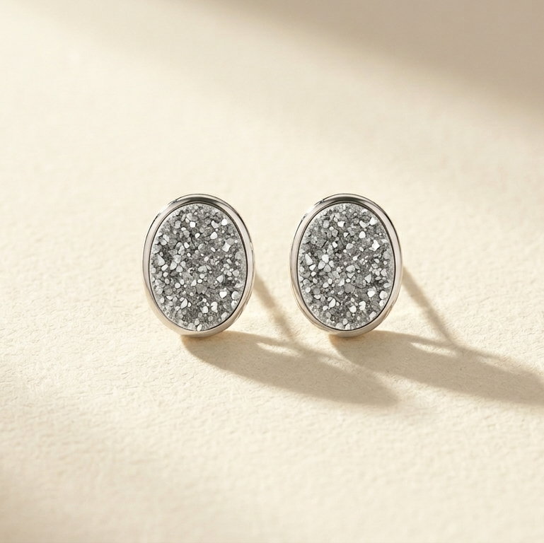 Oval Druzy Sterling Post Earrings