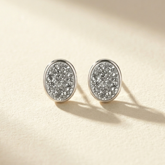 Oval Druzy Sterling Post Earrings