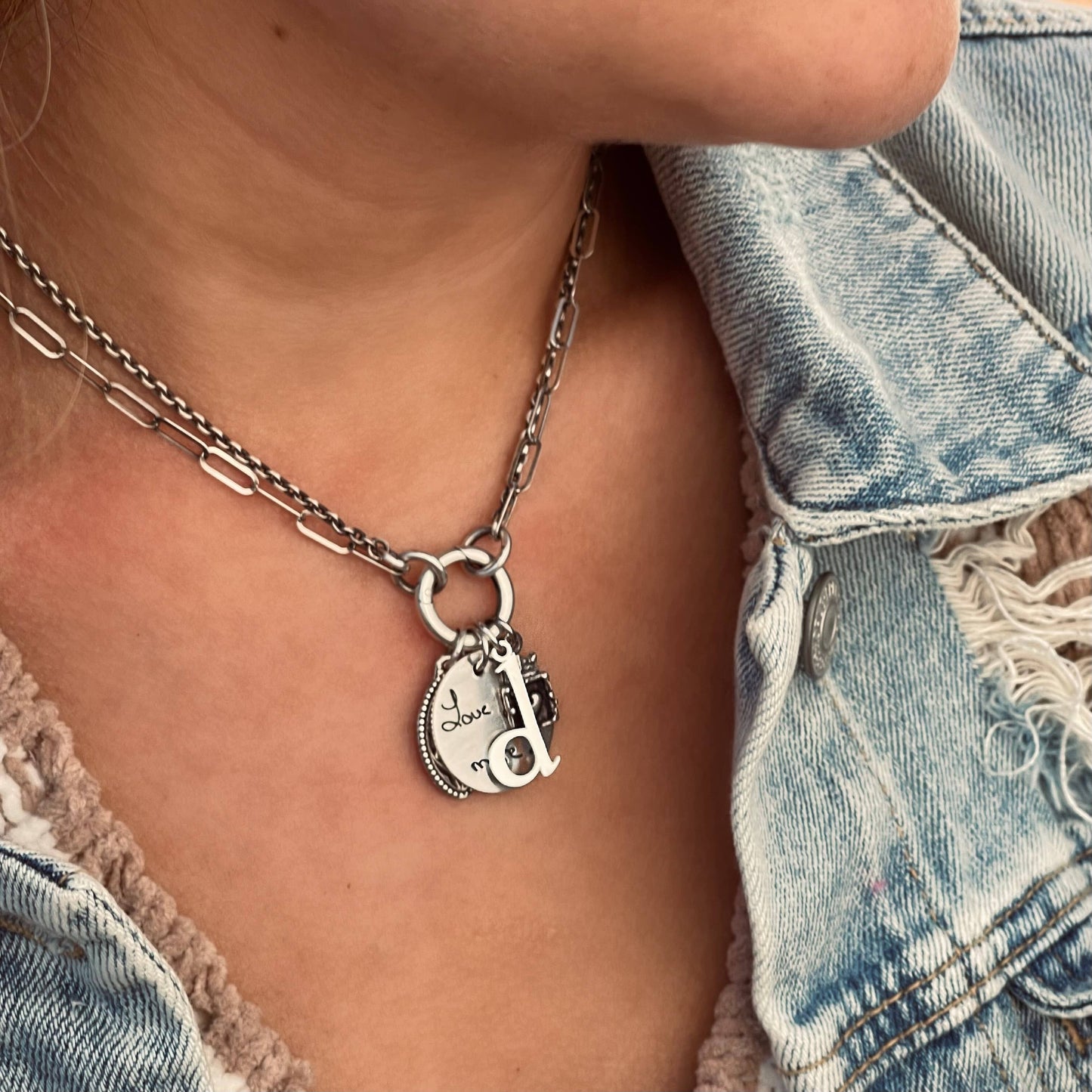Double Chain Necklace with Hammered Ring