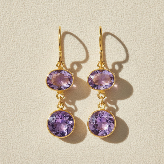 Pink Amethyst Bezel Double Drop Earrings
