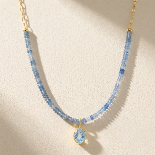 Beaded Paperclip Necklace-Blue Topaz & Kyanite