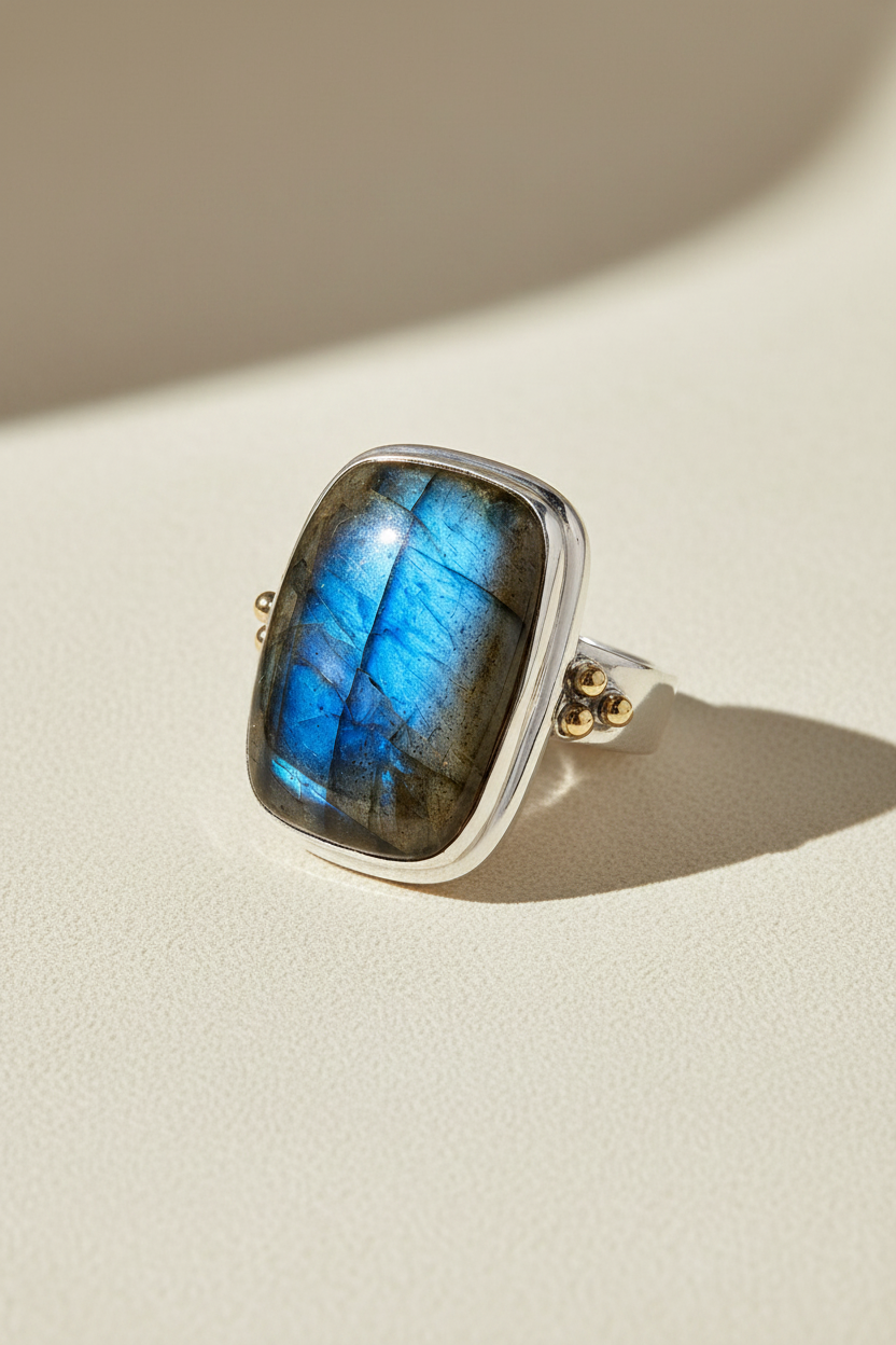 Oversized Labradorite Ring With Brass Accents