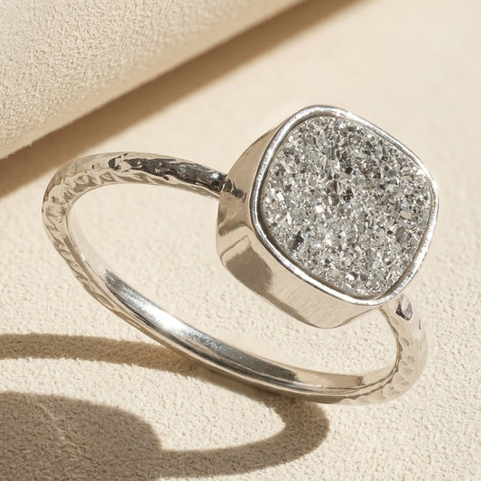 Silver Druzy Hammered Band Ring